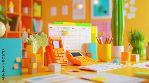 A desk in an office setting with a calculator, pencils, pens, paper clips, sticky notes, and other various office supplies neatly organized