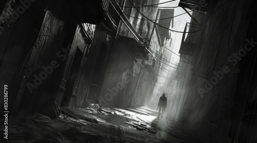 A man is walking alone down a dimly lit alleyway, surrounded by tall buildings on either side photo