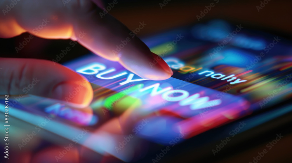 A close-up view of a hand touching a brightly lit Buy Now button on a smartphone screen, highlighting the concept of online shopping and digital transactions conducted at night A close-up view of a hand touching a brightly lit Buy Now button on a smartphone screen, highlighting the concept of online shopping and digital transactions conducted at night