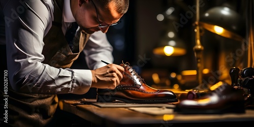 Skilled Shoemaker Specializing in Restoring Vintage Boots with High-Quality Leather Craftsmanship. Concept Leather Restoration, Vintage Boots, Shoemaking, High-Quality Craftsmanship, Skilled Artisan photo