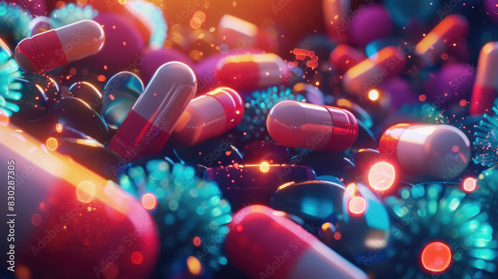 Various pharmaceutical pills arranged in a heap on top of a wooden table Various pharmaceutical pills arranged in a heap on top of a wooden table