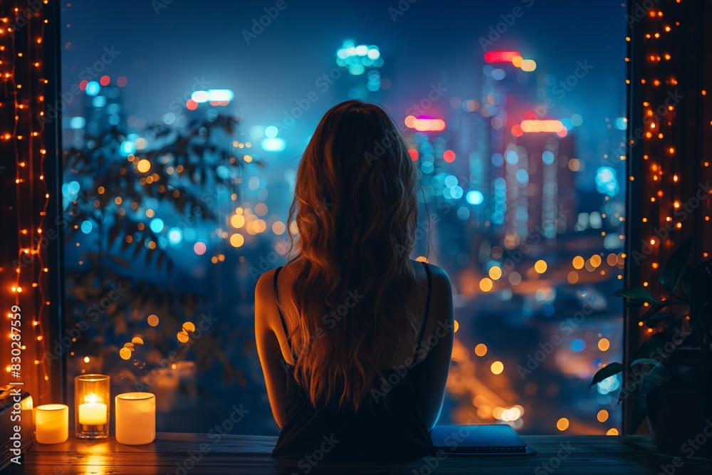 Woman gazing at city lights from window Woman gazing at city lights from window