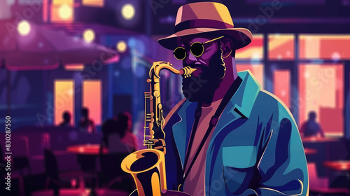 A man in a hat and sunglasses passionately plays a saxophone outdoors