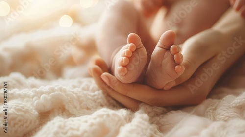 Loving mother's hand cradling baby's feet, white seamless background highlighting delicate care. Mom and baby