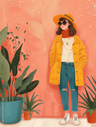 A girl with next to a plant