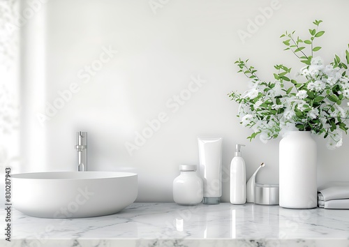 Blurred bathroom interior with white table and personal care product on the counter  copy space for your decoration or design products mock up