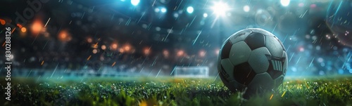 Soccer ball sitting on the grass in the rain, sport background photo