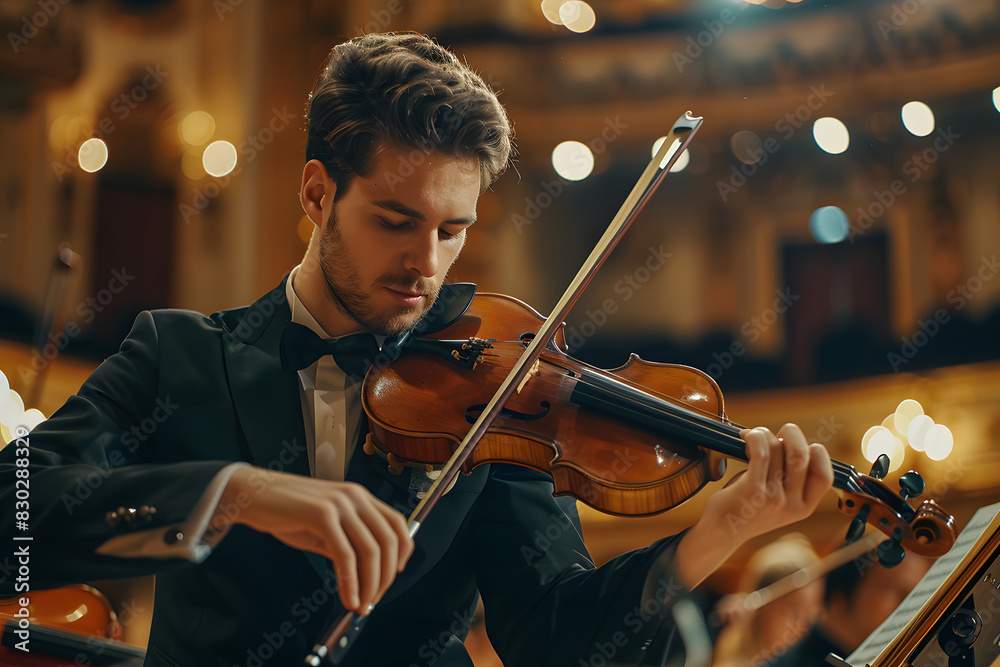Fototapeta premium Male Violinist in Formal Attire Performing on Stage in Concert Hall with Warm Ambient Lighting