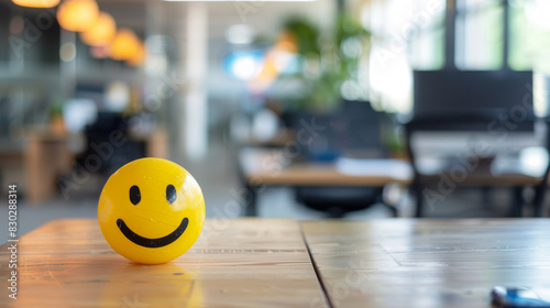 Yellow smiley face ball on blurred office background with copy space for positive, happy and smiling mood concept