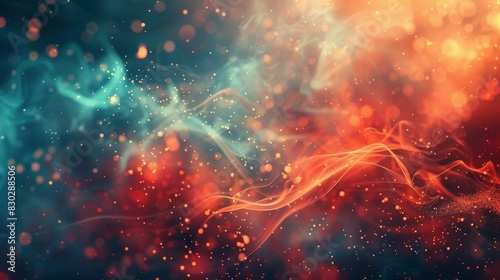 Background: fiery red cool turquoise hues swirling smoke-like patterns backdrop