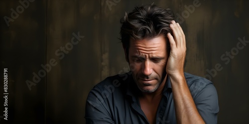 Man with hand on forehead showing signs of Major Depressive Disorder. Concept Mental Health, Major Depressive Disorder, Body Language, Emotional Expression, Psychological Health photo