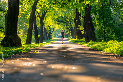 Morning jogger running on a sunlit park path under lush green trees  emphasizing fitness and wellness during National Wellness Month in a serene natural setting