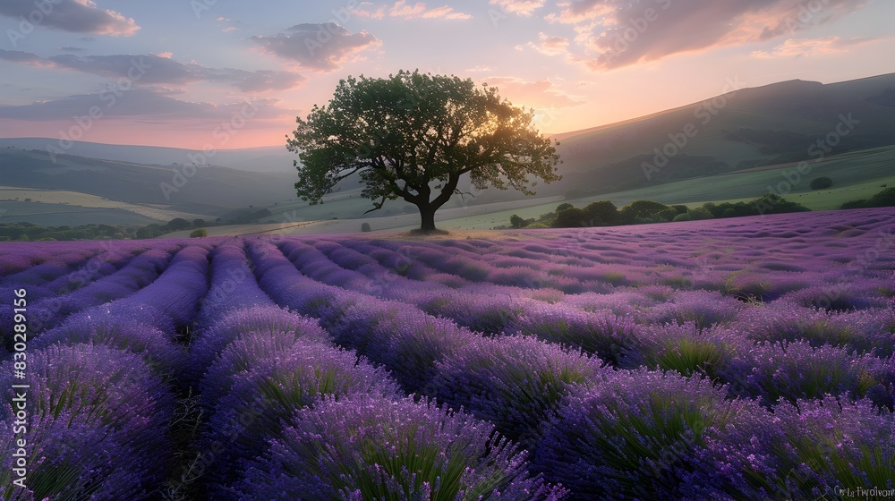 Lone Tree Standing Proud in a Vast Lavender Field at Summers End