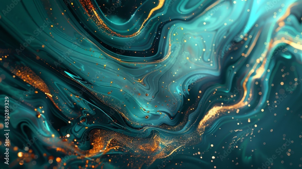 Obraz premium Vibrant mix of bright turquoise and warm gold fluid marble textures starry glows backdrop