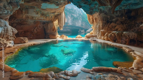 Vibrant Blue Underground Water in a Stunning Cave Formation A Photographic photo