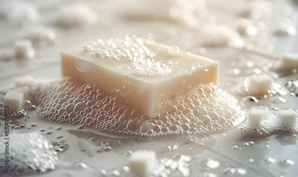 A rectangular piece of white soap on a light gray background with soap foam on the floor in the bathtub. Naturally, with your own hands. Foaming laundry soap without additives and parabens. A rectangular piece of white soap on a light gray background with soap foam on the floor in the bathtub. Naturally, with your own hands. Foaming laundry soap without additives and parabens.