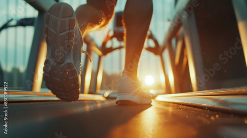 A man running on a treadmill at the gym, with a closeup view of his legs and shoes, in the style of fitness club during a morning sunrise. A cinematic view with space for a banner