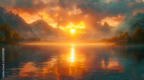 Breathtaking Sunset Over Serene Lake Amidst Misty Mountains A Natures Masterpiece