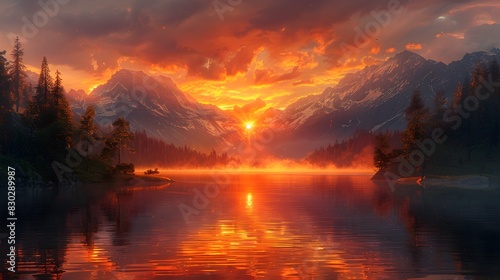 Breathtaking Sunset Haven Serene Lake Amidst Misty Mountains