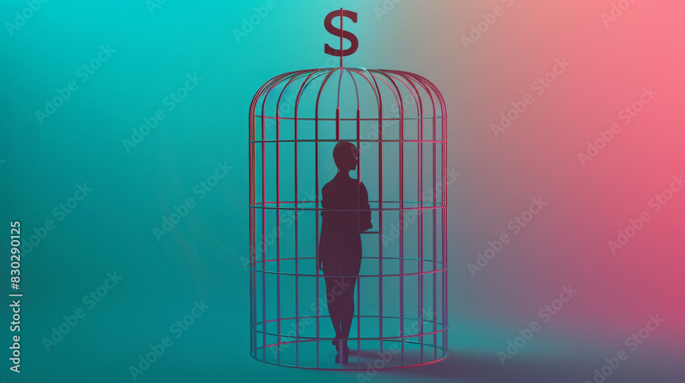 A silhouette of a person trapped in a cage with a dollar sign, depicting economic constraints A silhouette of a person trapped in a cage with a dollar sign, depicting economic constraints