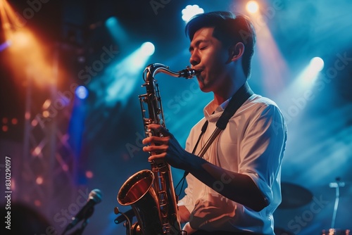 Musician playing saxophone on stage with colorful lights. Concert performance. Live music event concept for poster  banner  and header. Close-up shot.