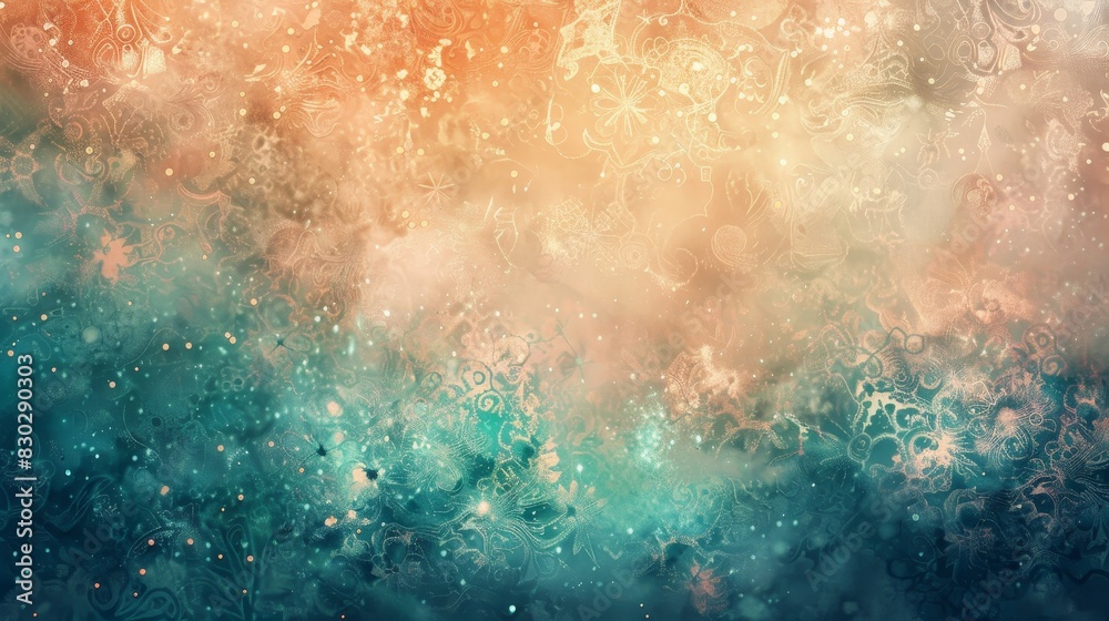 Fototapeta premium Ethereal backdrop: peach to teal lace patterns stars backdrop