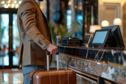 A man is standing alone at a hotel counter, his suitcase by his side, waiting for service.reception