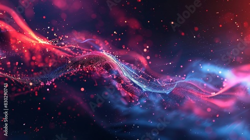 Energetic wallpaper scarlet and indigo mix wave-like patterns luminous particles backdrop