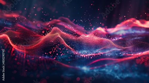 Exciting wallpaper scarlet and indigo mix wave-like patterns luminous particles backdrop