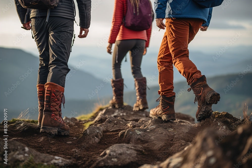 Three people are hiking up a mountain, with one of them wearing orange pants Three people are hiking up a mountain, with one of them wearing orange pants