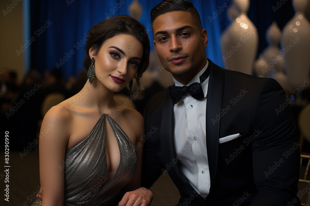 A man and a woman are posing for a picture in a black and white dress A man and a woman are posing for a picture in a black and white dress
