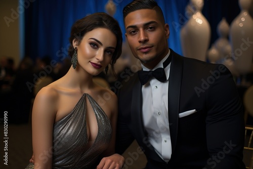 A man and a woman are posing for a picture in a black and white dress