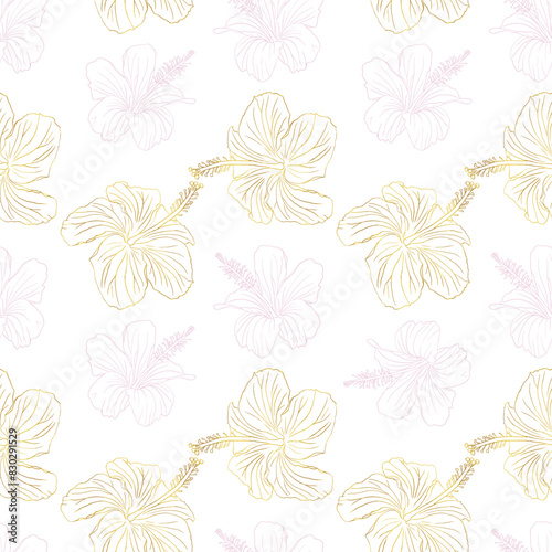 Wallpaper Mural Floral illustration. Hibiscus flower seamless pattern for textile design, scrapbook, wallpaper. Line art black and golden hand drawn tropical floral background Torontodigital.ca