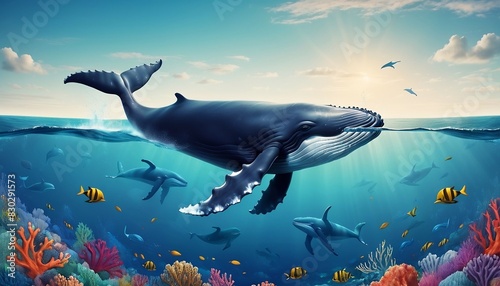Whale swimming happily in ocean, surrounded by ocean life , vector illustration created with generative ai. photo