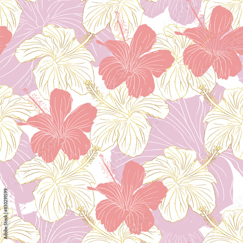 Hibiscus flower seamless pattern for textile design, scrapbook, wallpaper. Line art pink and golden hand drawn tropical floral background.