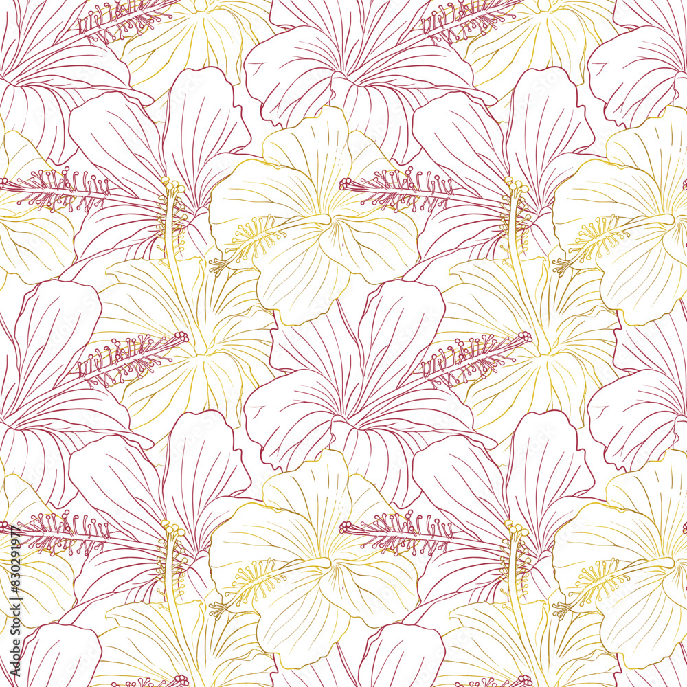 Obraz premium Hibiscus flower girly seamless pattern for textile design, scrapbook, wallpaper. Line art pink and golden hand drawn tropical floral background.
