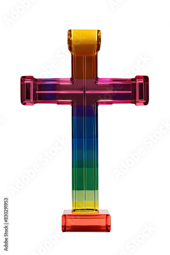 A glass cross in LGBT colors, tolerant religion, religious symbol, transparent or isolated on white background