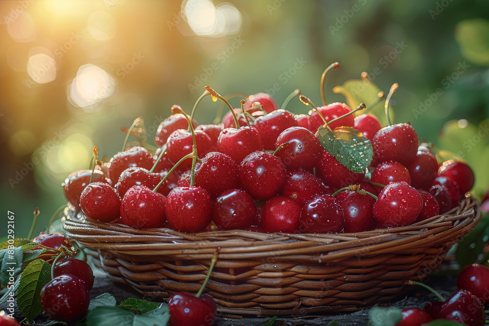 A bushel of plump cherries nestled in a woven basket, their glossy skins reflecting the warm glow of sunlight filtering through the leaves. Concept of cherry orchard bounty. Generative Ai. A bushel of plump cherries nestled in a woven basket, their glossy skins reflecting the warm glow of sunlight filtering through the leaves. Concept of cherry orchard bounty. Generative Ai.