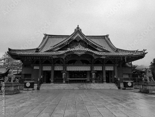 Vintage black and white photo of a temple in Tokyo