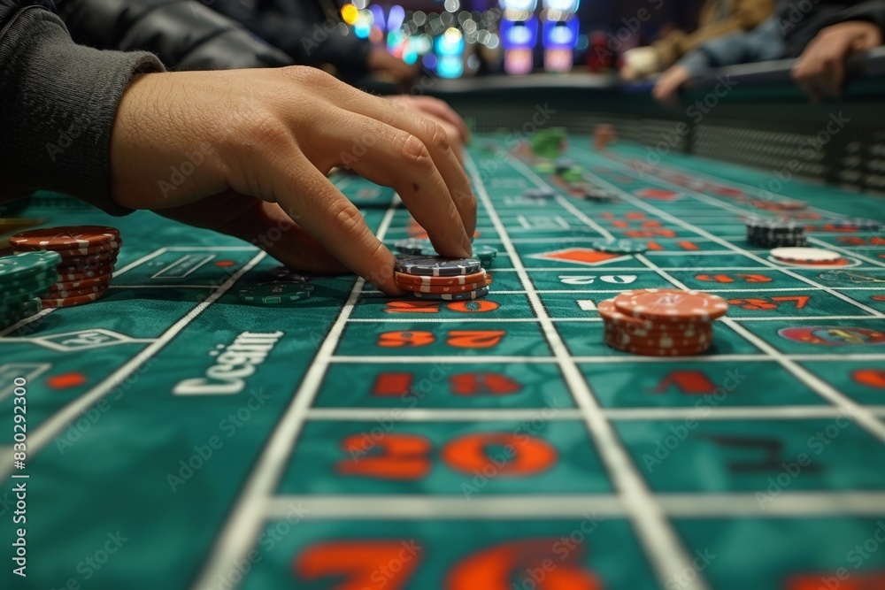 Focused casino player: Man strategically stacks poker chips
