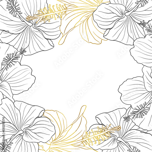 Hibiscus flower frame boarder for design of card, wedding invite, scrapbook. Line art black ink and golden hand drawn tropical floral background.