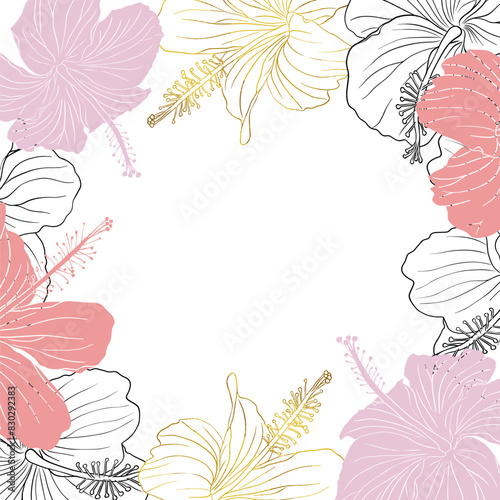 Hibiscus flower frame boarder for design of card, wedding invite, scrapbook. Line art pink, black ink and golden hand drawn tropical floral background.