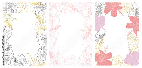 Hibiscus flower frame boarder set for design of card, wedding invite, scrapbook. Line art pink, black ink and golden hand drawn tropical floral background.