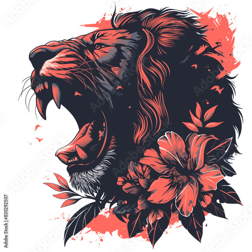 Lion head and flowers on grunge background. Vector illustration