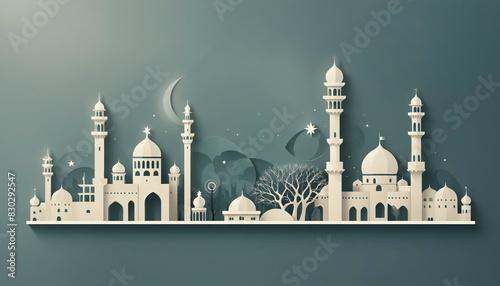 Image of an Islamic mosque or palace. Religion and culture. 2d image style. Illustration style. Copy space. Banner, poster, backgroung. Eid al-Adha photo