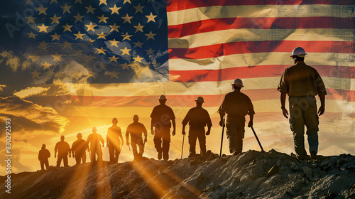 Labor Day Background. Workers and United States Flag 