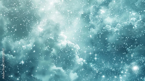 Soft ivory and deep turquoise blend with cloud-like patterns and luminous stars backdrop