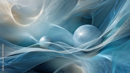 Calm abstract: blue & silver hues glowing orbs & smooth textures backdrop © javier