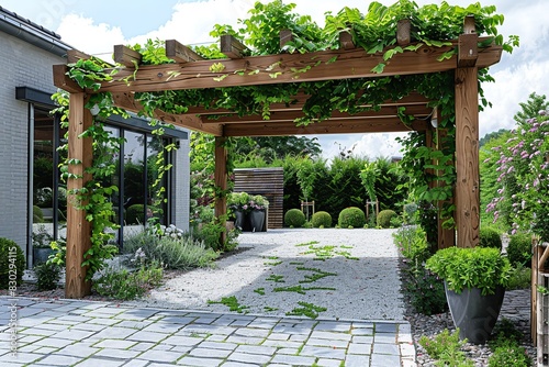 Explore a serene oasis with a wooden pergola car cover featuring hanging plants in pots  creating a suspended garden effect