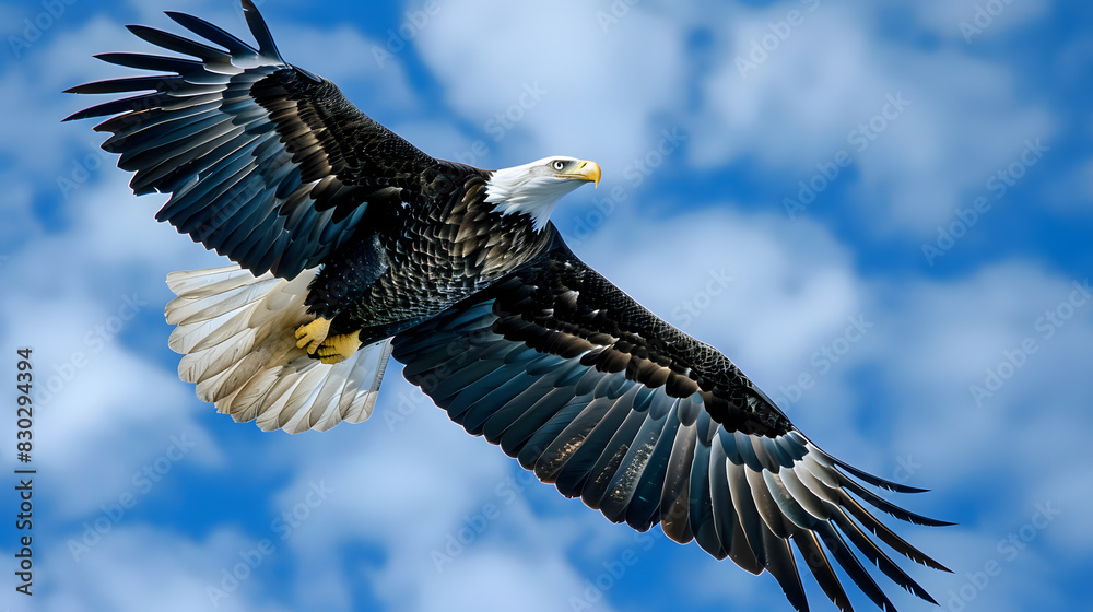 Obraz premium A large eagle is flying in the sky with its wings spread wide